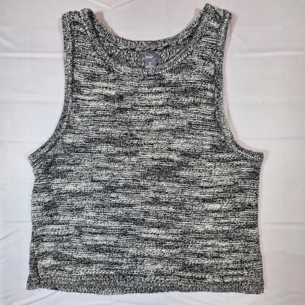 Aerie Womens Small Black White Marled Knit Crop Tank Top Racerback Space Dye